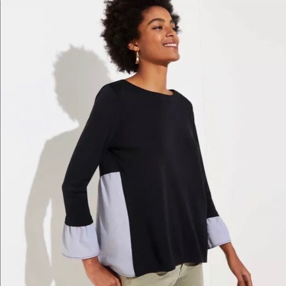 LOFT Mixed Media Bell Sleeve Black / Blue Stripe M
